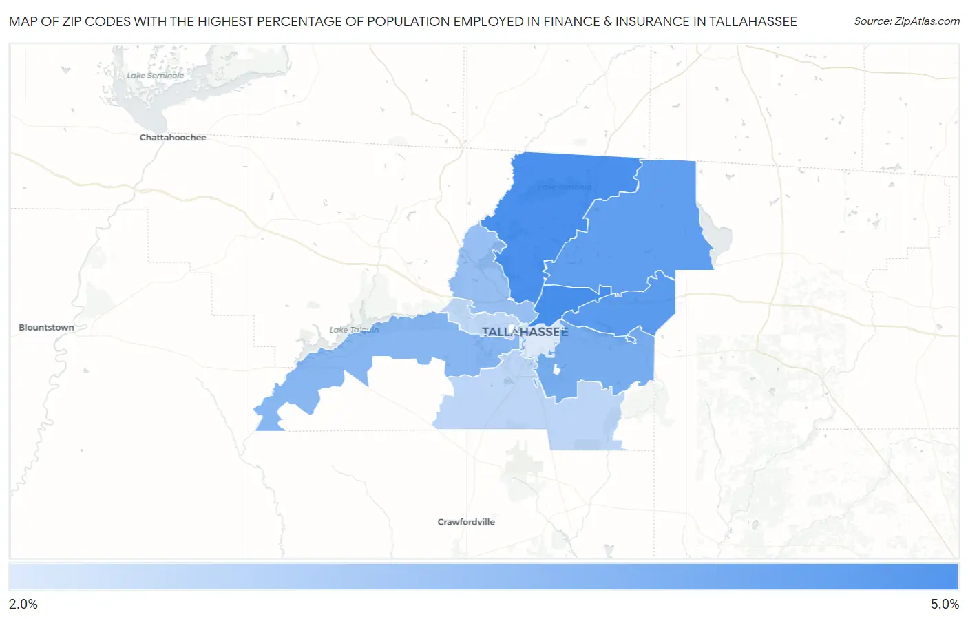 Zip Codes with the Highest Percentage of Population Employed in Finance & Insurance in Tallahassee Map