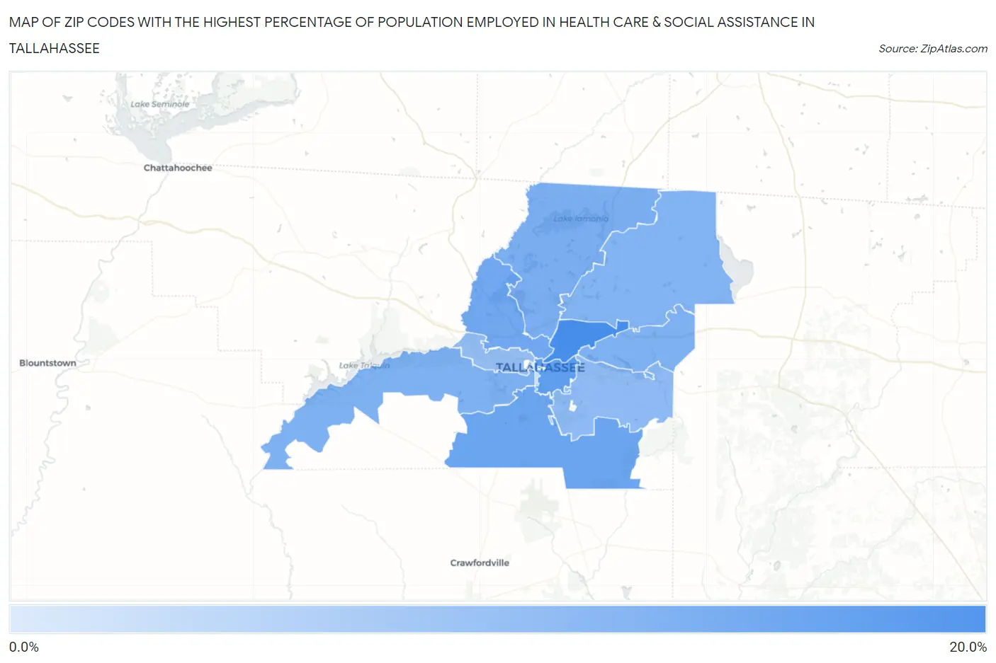 Zip Codes with the Highest Percentage of Population Employed in Health Care & Social Assistance in Tallahassee Map