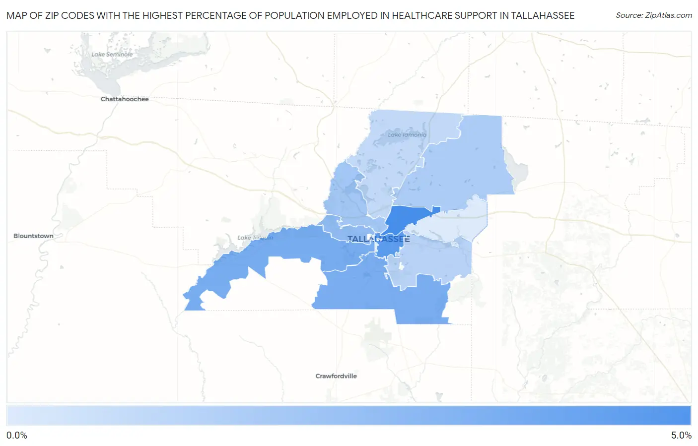 Zip Codes with the Highest Percentage of Population Employed in Healthcare Support in Tallahassee Map