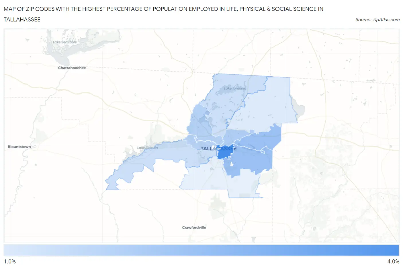 Zip Codes with the Highest Percentage of Population Employed in Life, Physical & Social Science in Tallahassee Map