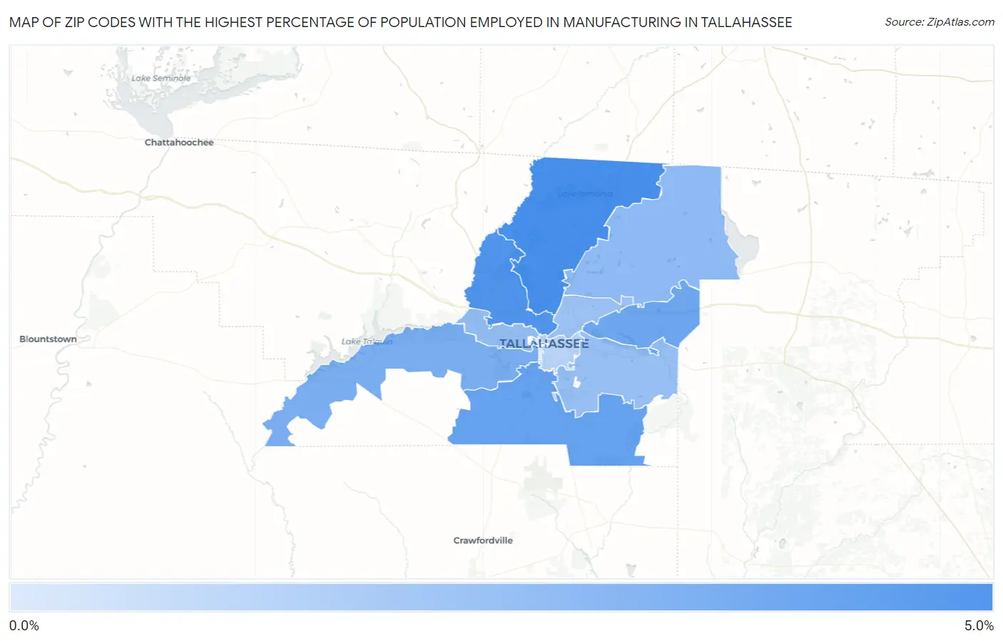 Zip Codes with the Highest Percentage of Population Employed in Manufacturing in Tallahassee Map