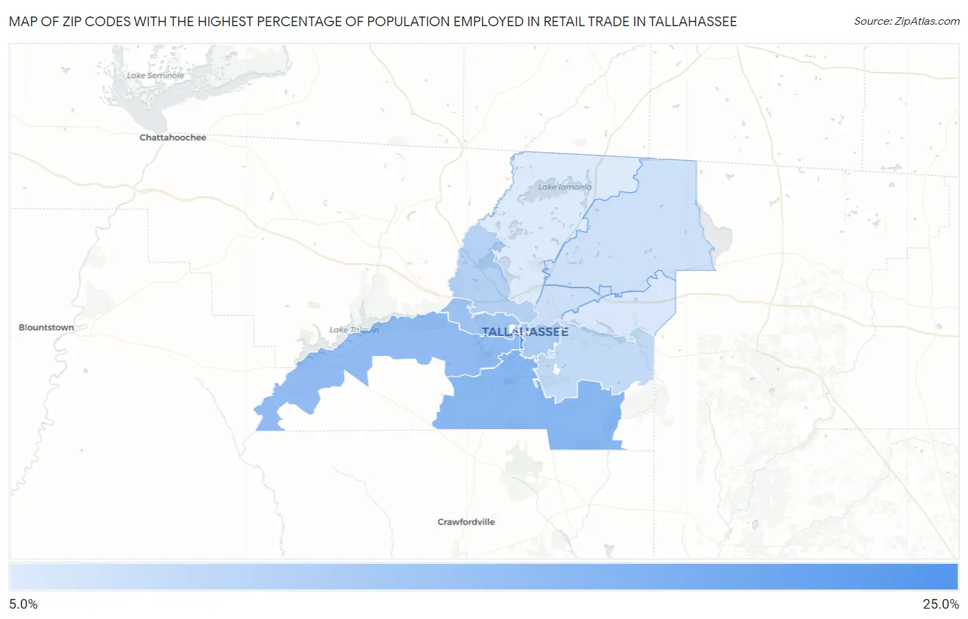 Zip Codes with the Highest Percentage of Population Employed in Retail Trade in Tallahassee Map