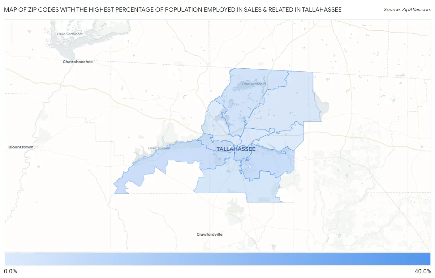 Zip Codes with the Highest Percentage of Population Employed in Sales & Related in Tallahassee Map