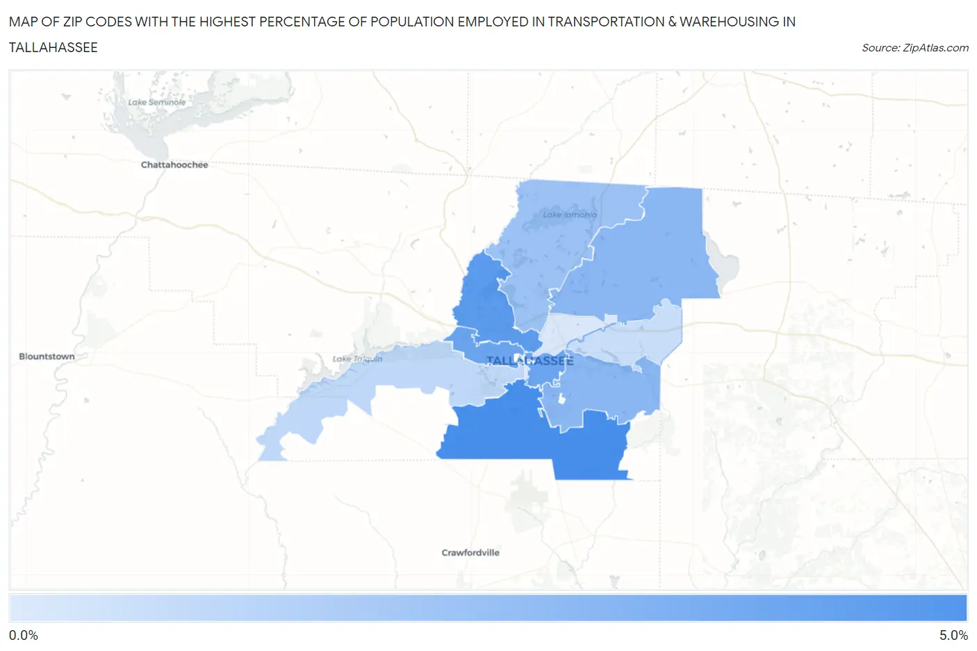 Zip Codes with the Highest Percentage of Population Employed in Transportation & Warehousing in Tallahassee Map