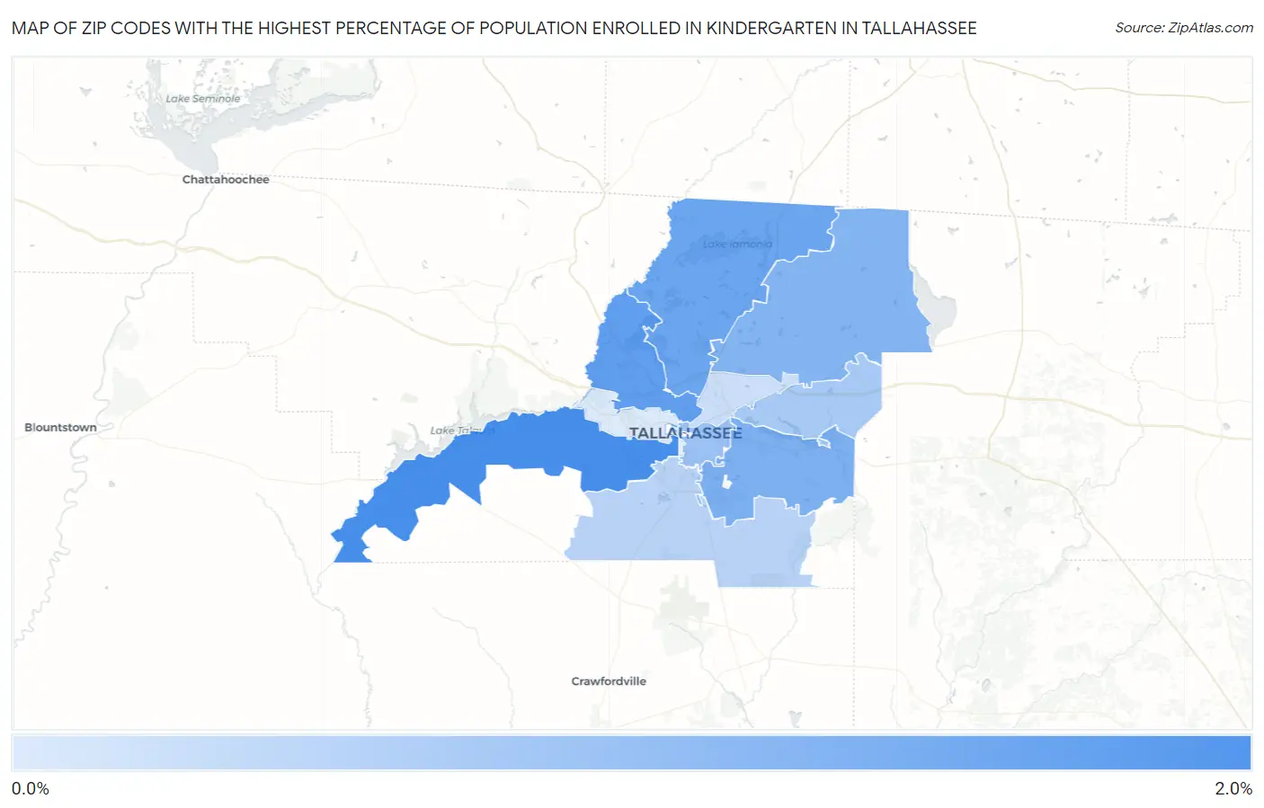 Zip Codes with the Highest Percentage of Population Enrolled in Kindergarten in Tallahassee Map