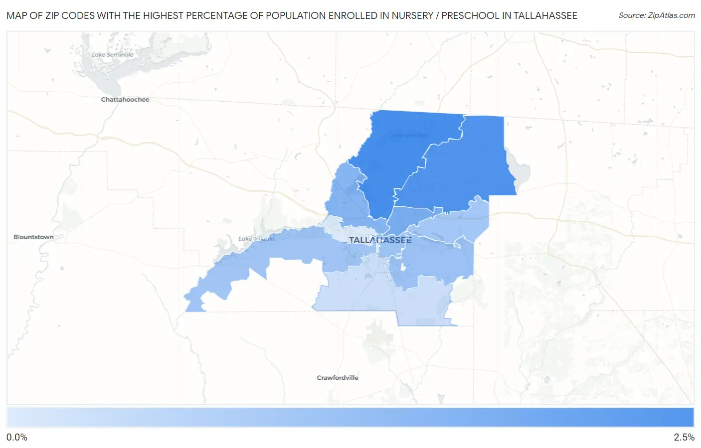 Zip Codes with the Highest Percentage of Population Enrolled in Nursery / Preschool in Tallahassee Map