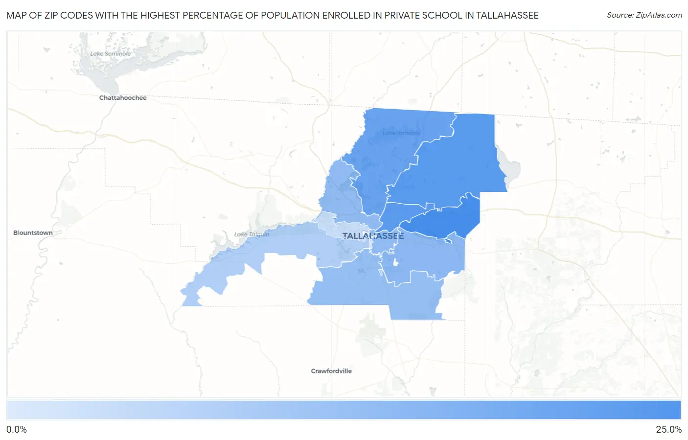 Zip Codes with the Highest Percentage of Population Enrolled in Private School in Tallahassee Map