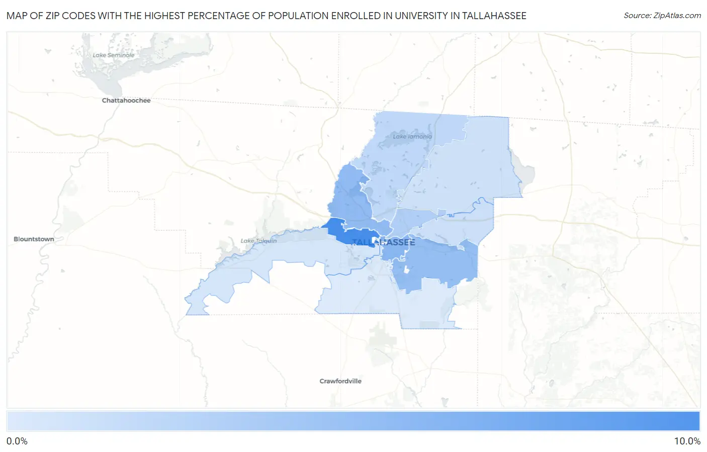 Zip Codes with the Highest Percentage of Population Enrolled in University in Tallahassee Map
