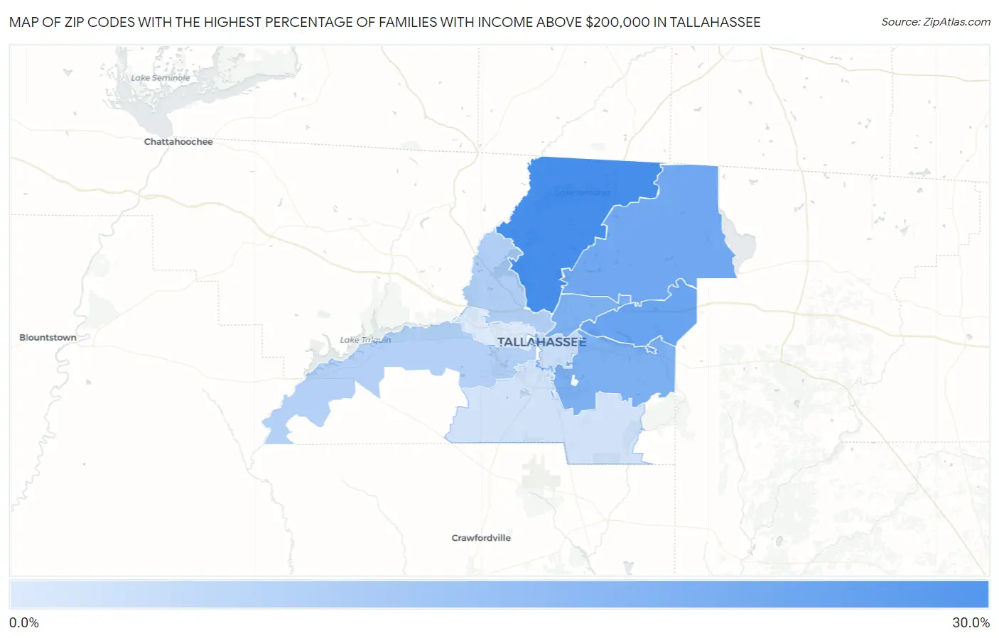 Zip Codes with the Highest Percentage of Families with Income Above $200,000 in Tallahassee Map
