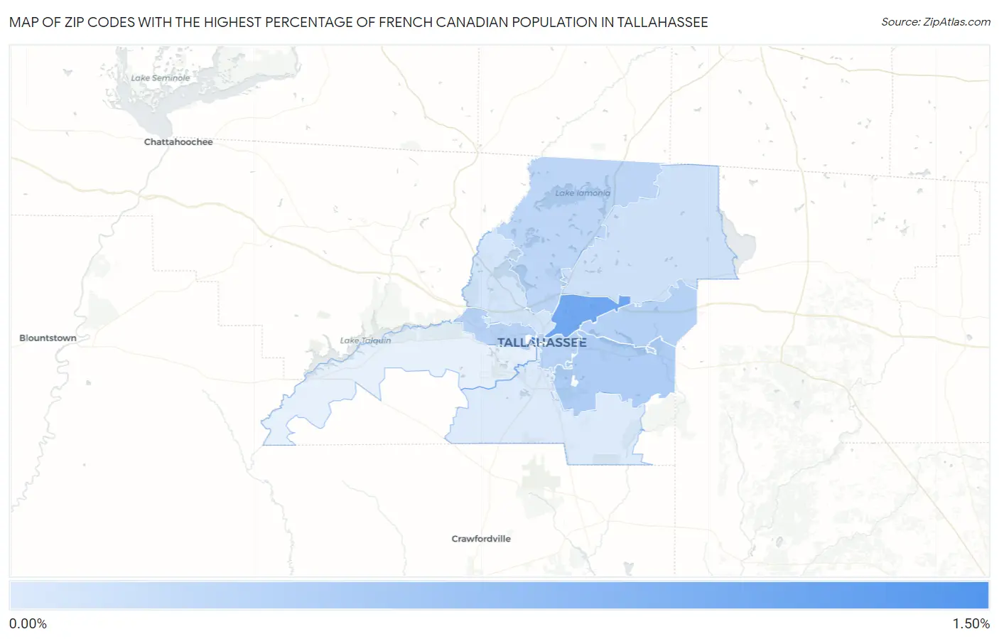 Zip Codes with the Highest Percentage of French Canadian Population in Tallahassee Map