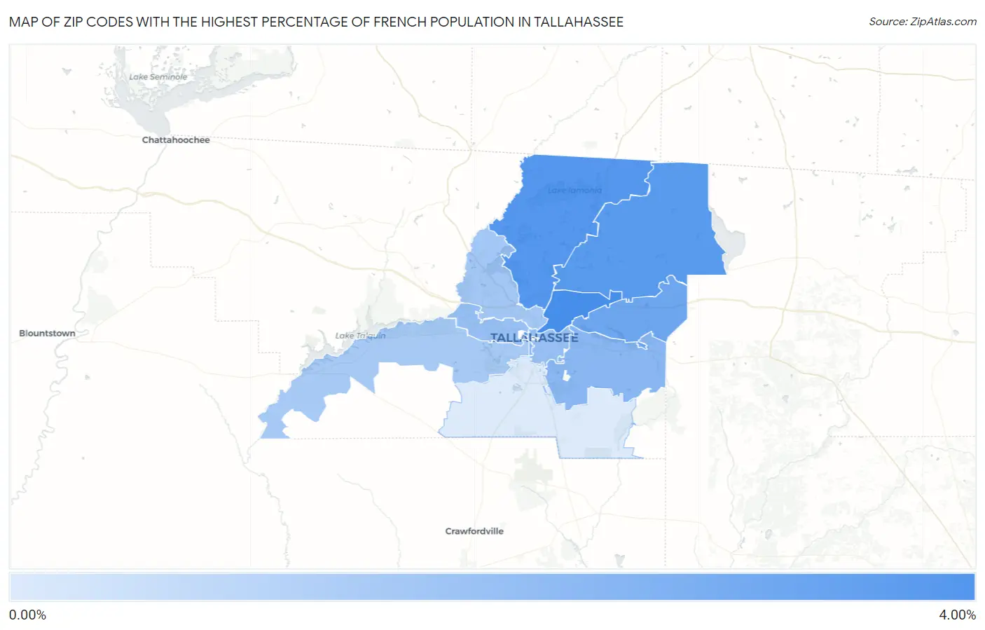 Zip Codes with the Highest Percentage of French Population in Tallahassee Map