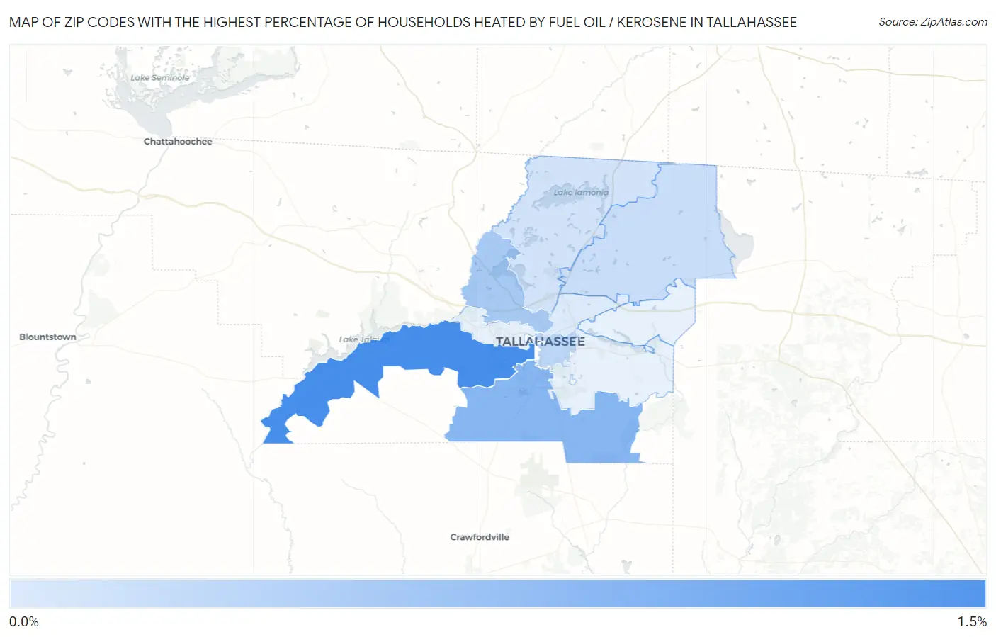 Zip Codes with the Highest Percentage of Households Heated by Fuel Oil / Kerosene in Tallahassee Map