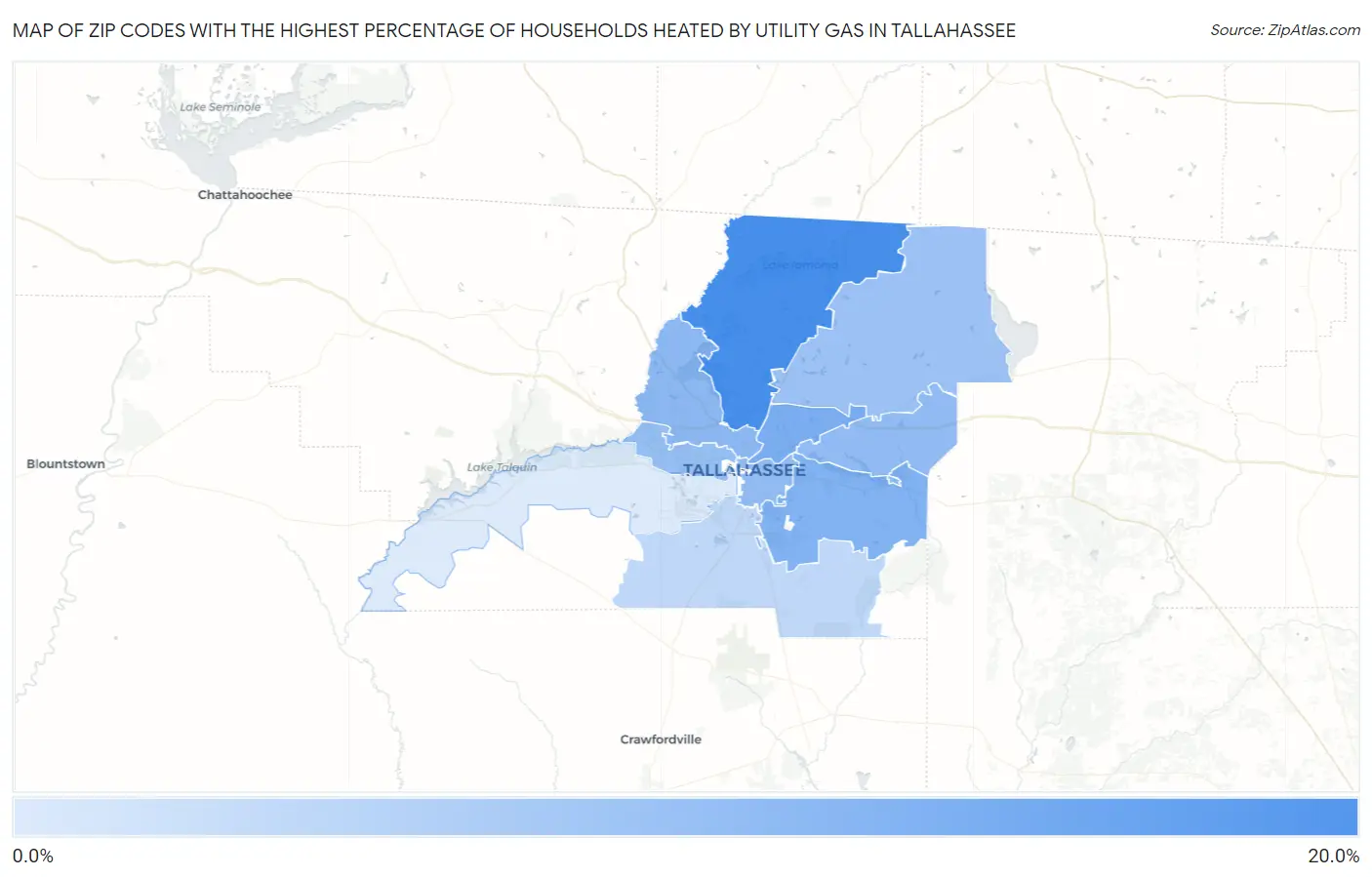 Zip Codes with the Highest Percentage of Households Heated by Utility Gas in Tallahassee Map