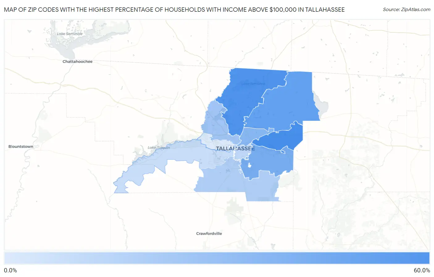 Zip Codes with the Highest Percentage of Households with Income Above $100,000 in Tallahassee Map