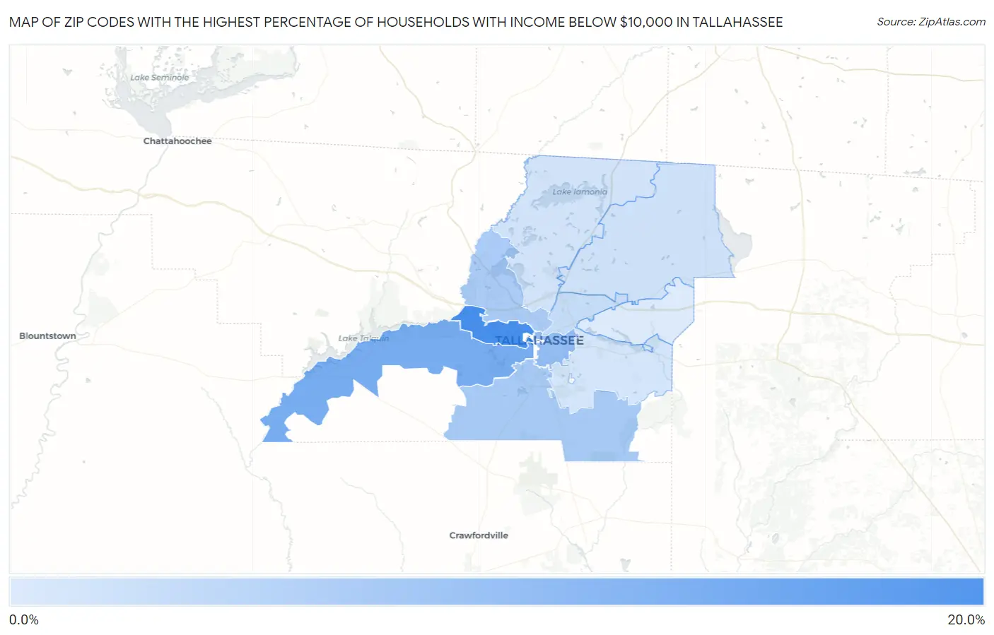 Zip Codes with the Highest Percentage of Households with Income Below $10,000 in Tallahassee Map