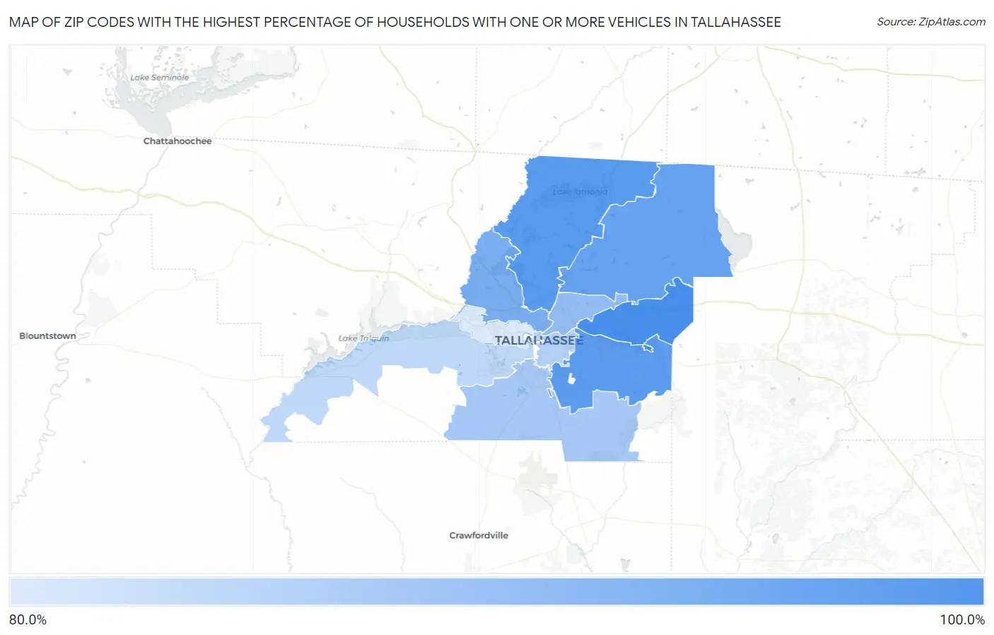 Zip Codes with the Highest Percentage of Households With One or more Vehicles in Tallahassee Map