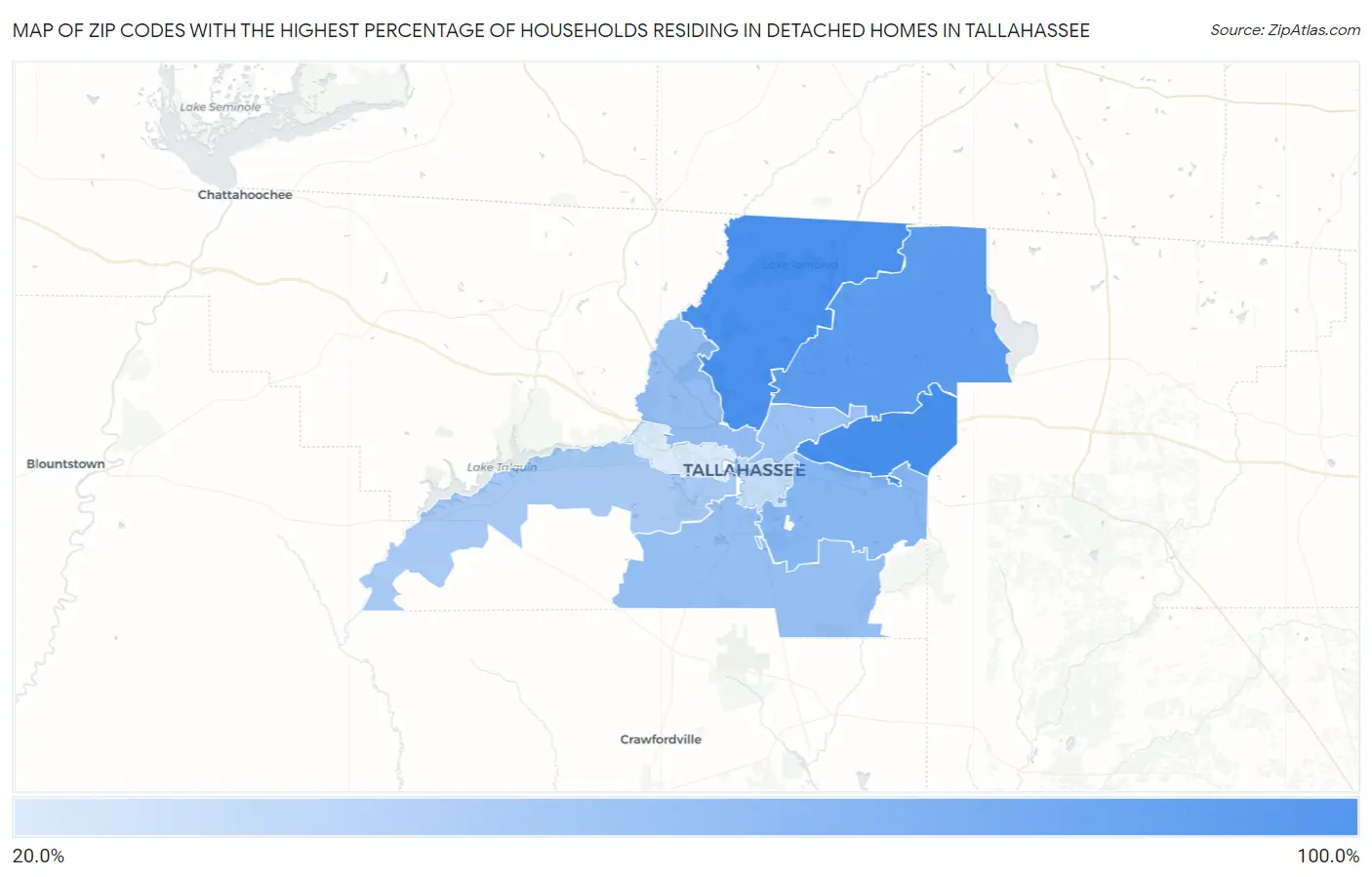 Zip Codes with the Highest Percentage of Households Residing in Detached Homes in Tallahassee Map