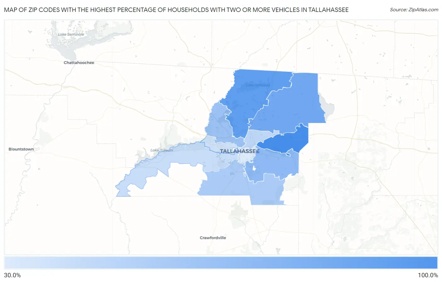 Zip Codes with the Highest Percentage of Households With Two or more Vehicles in Tallahassee Map