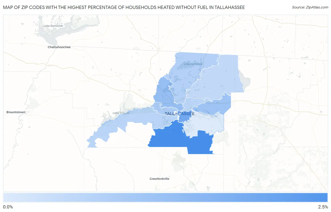 Zip Codes with the Highest Percentage of Households Heated without Fuel in Tallahassee Map