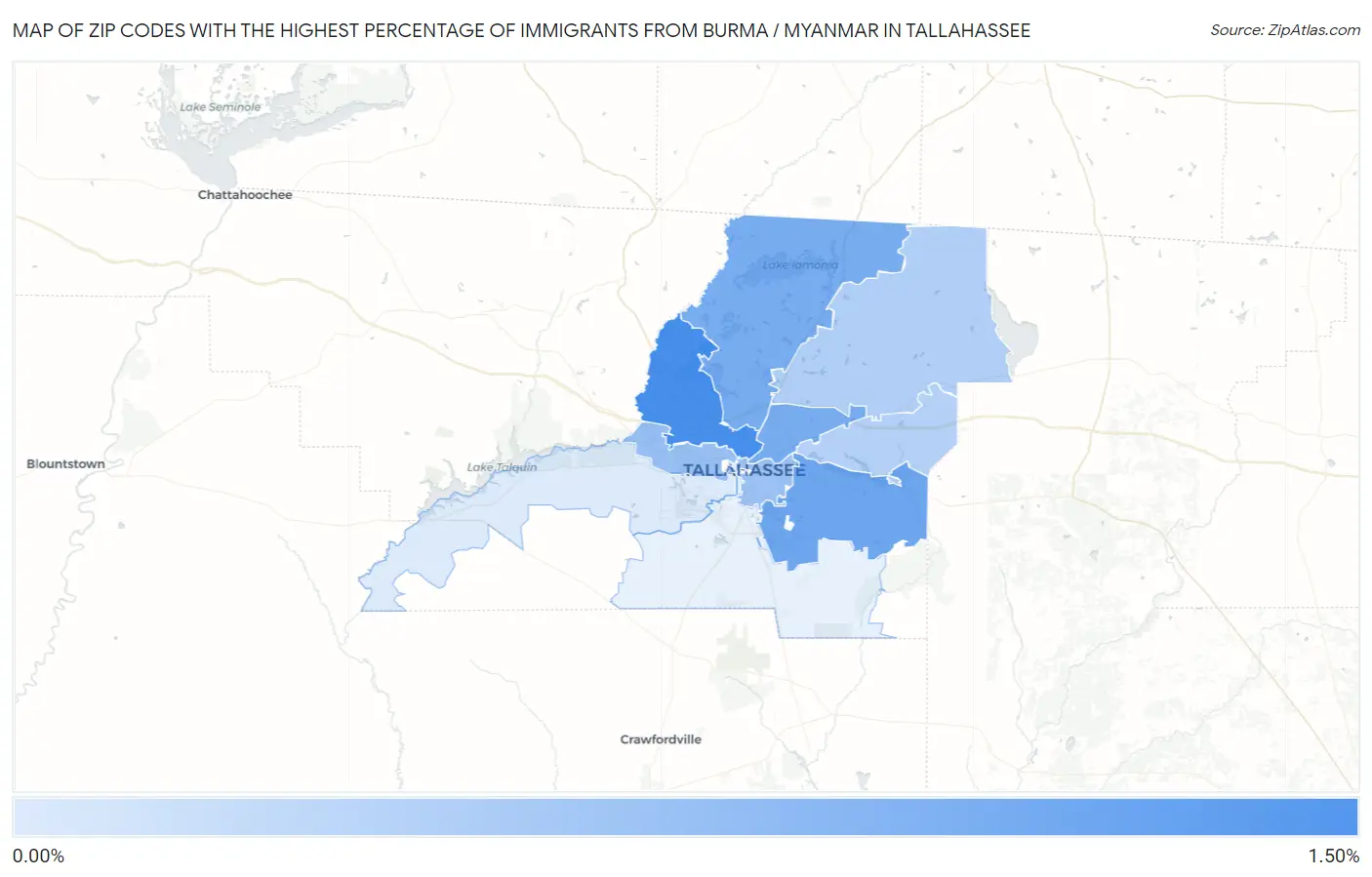 Zip Codes with the Highest Percentage of Immigrants from Burma / Myanmar in Tallahassee Map