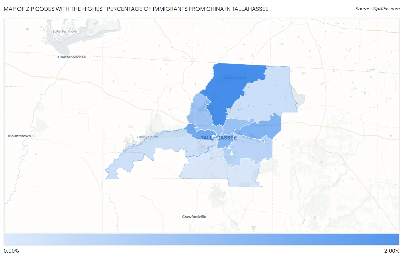 Zip Codes with the Highest Percentage of Immigrants from China in Tallahassee Map