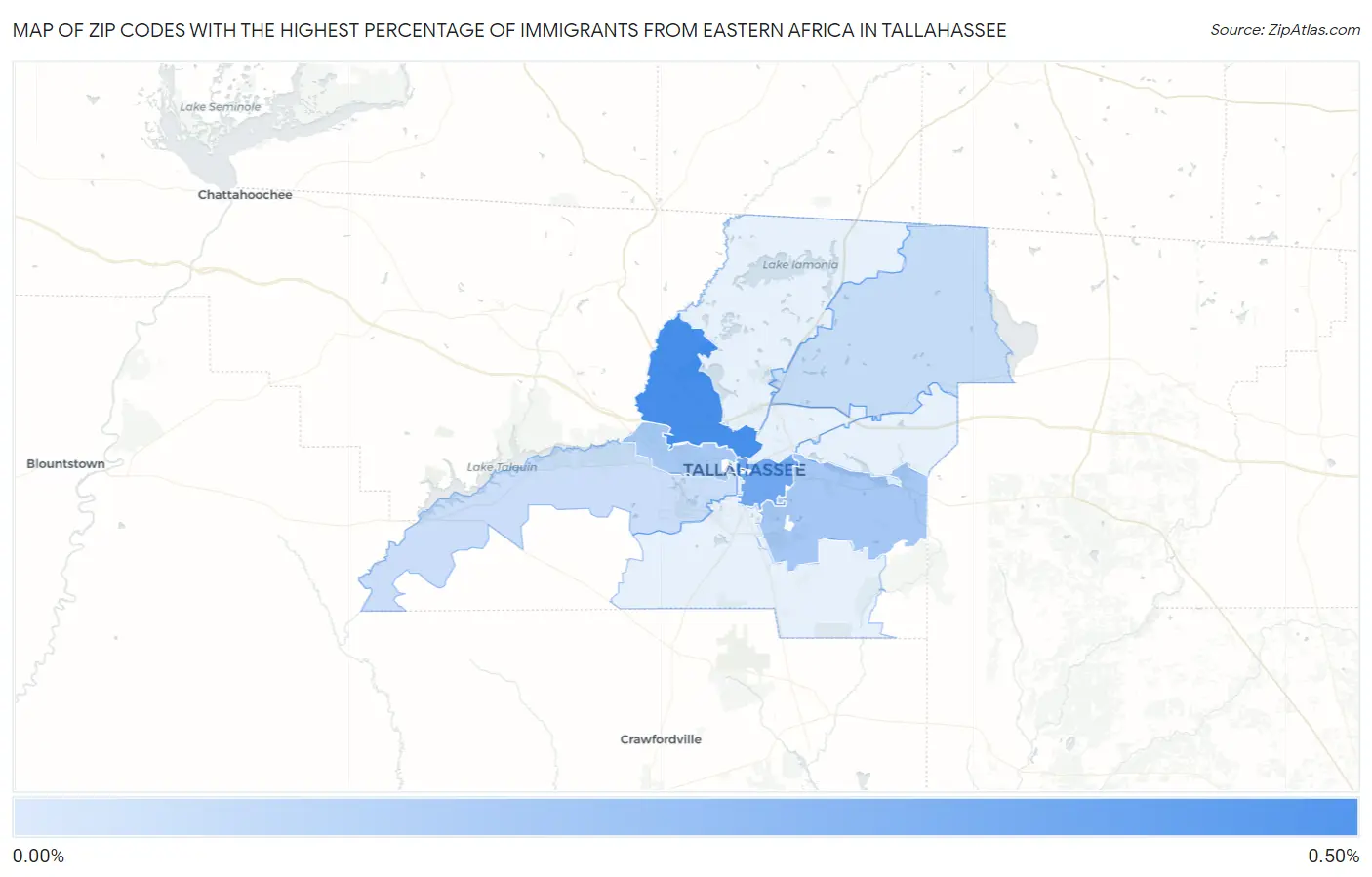 Zip Codes with the Highest Percentage of Immigrants from Eastern Africa in Tallahassee Map