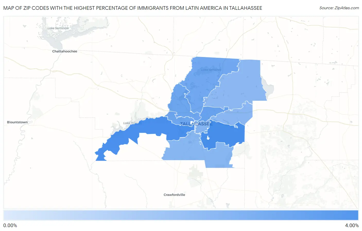 Zip Codes with the Highest Percentage of Immigrants from Latin America in Tallahassee Map