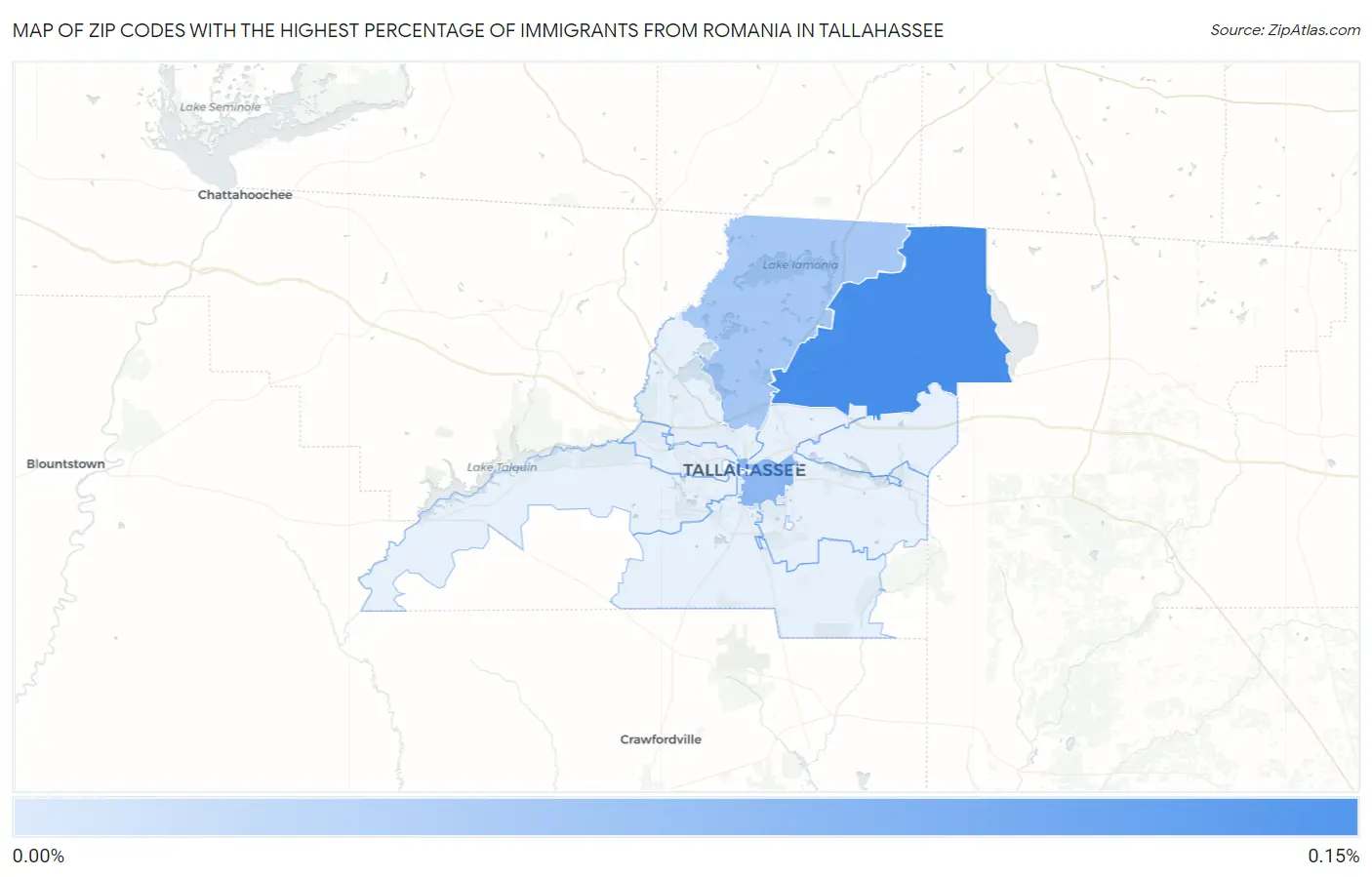 Zip Codes with the Highest Percentage of Immigrants from Romania in Tallahassee Map