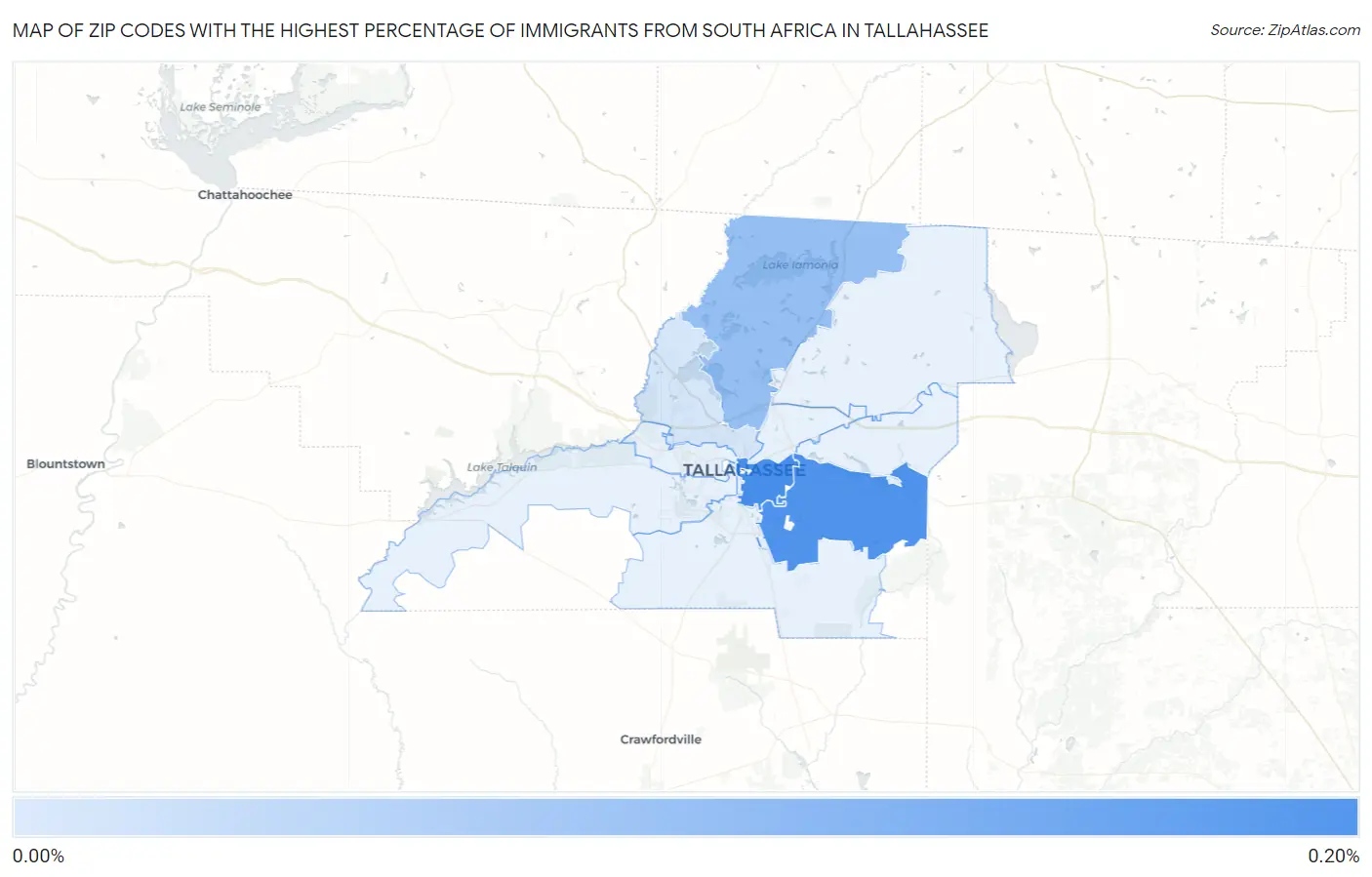 Zip Codes with the Highest Percentage of Immigrants from South Africa in Tallahassee Map
