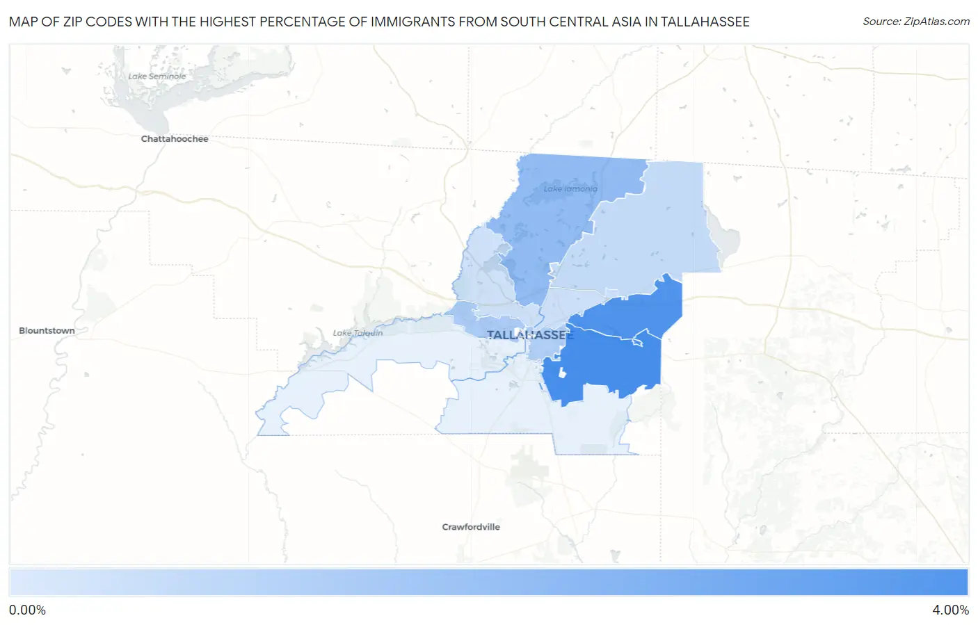 Zip Codes with the Highest Percentage of Immigrants from South Central Asia in Tallahassee Map