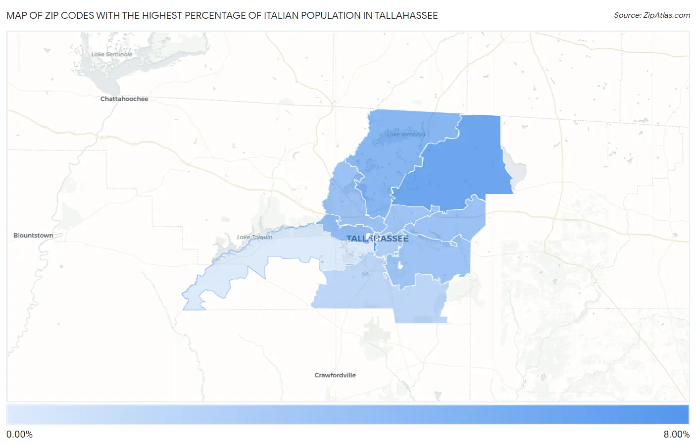 Zip Codes with the Highest Percentage of Italian Population in Tallahassee Map