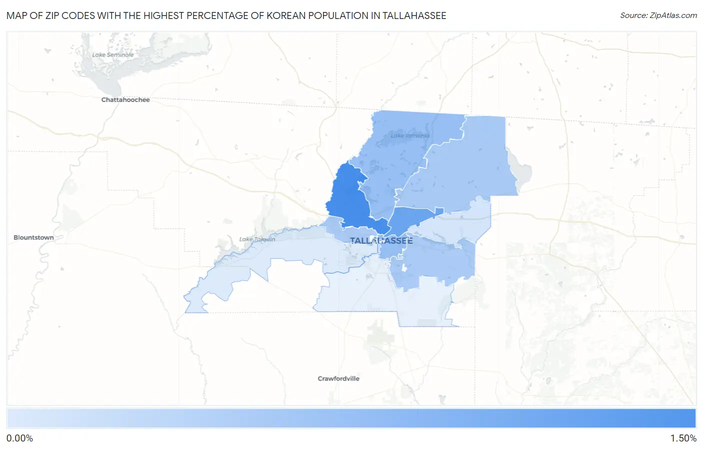 Zip Codes with the Highest Percentage of Korean Population in Tallahassee Map