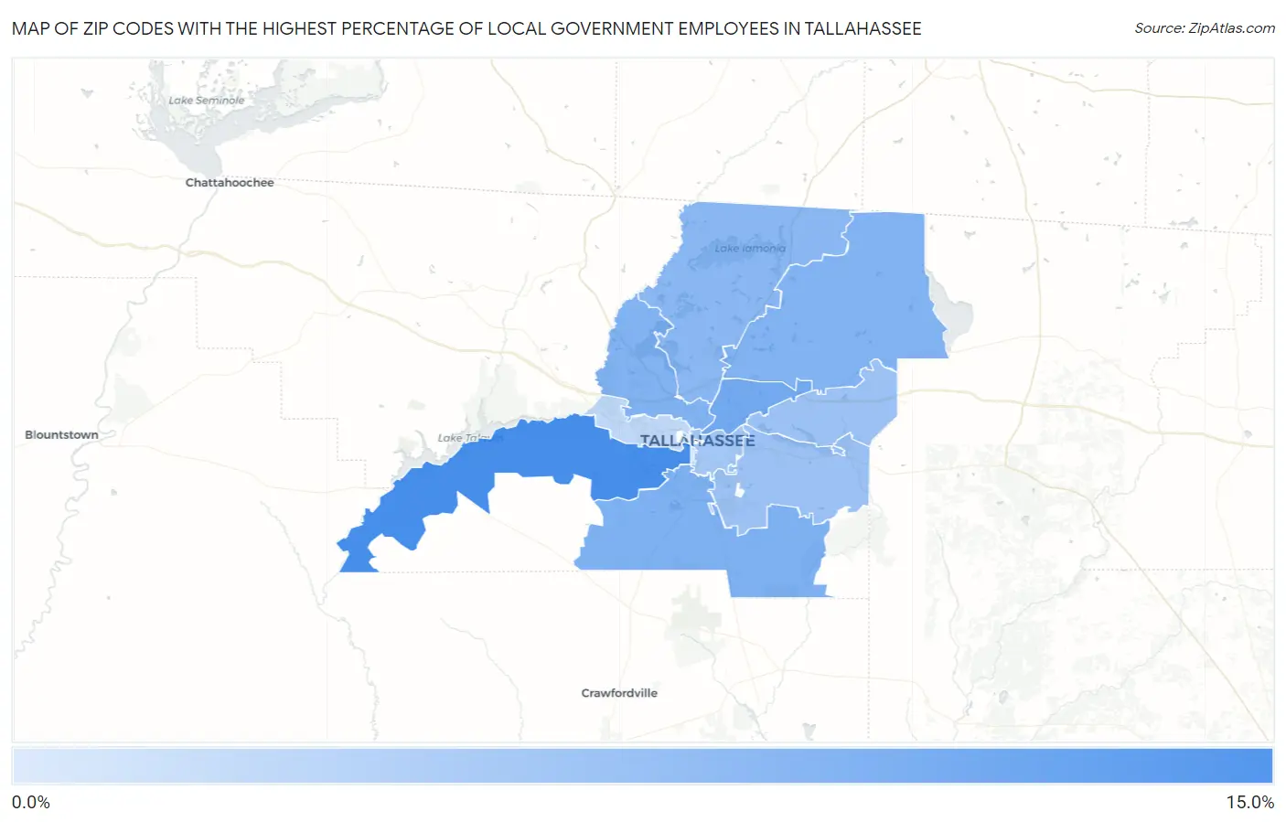 Zip Codes with the Highest Percentage of Local Government Employees in Tallahassee Map