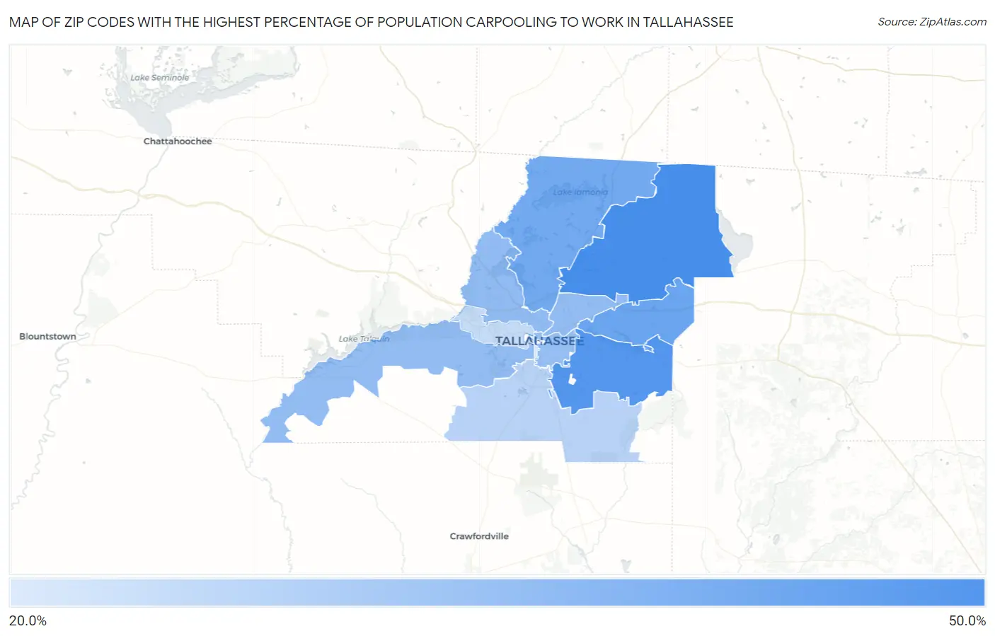 Zip Codes with the Highest Percentage of Population Carpooling to Work in Tallahassee Map