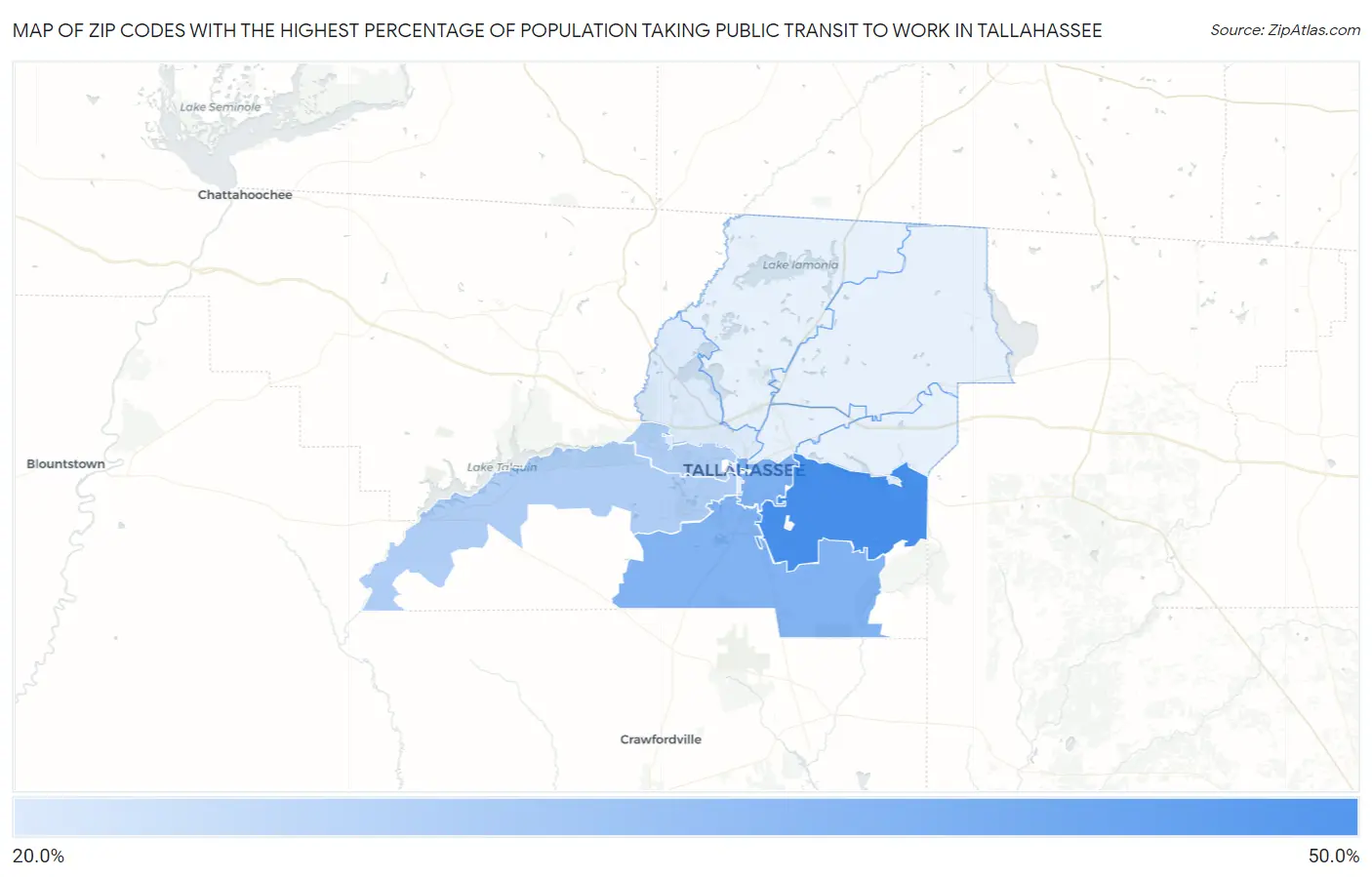 Zip Codes with the Highest Percentage of Population Taking Public Transit to Work in Tallahassee Map