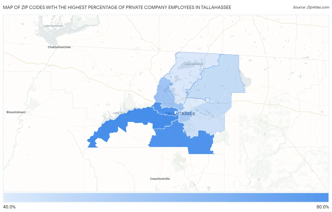 Zip Codes with the Highest Percentage of Private Company Employees in Tallahassee Map
