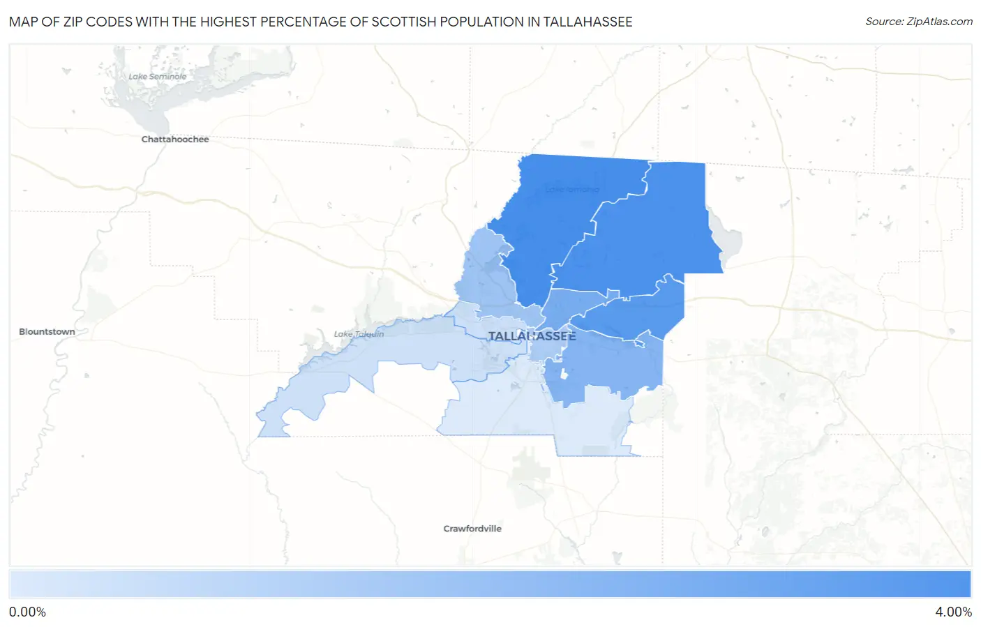Zip Codes with the Highest Percentage of Scottish Population in Tallahassee Map