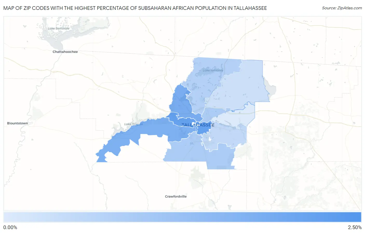 Zip Codes with the Highest Percentage of Subsaharan African Population in Tallahassee Map