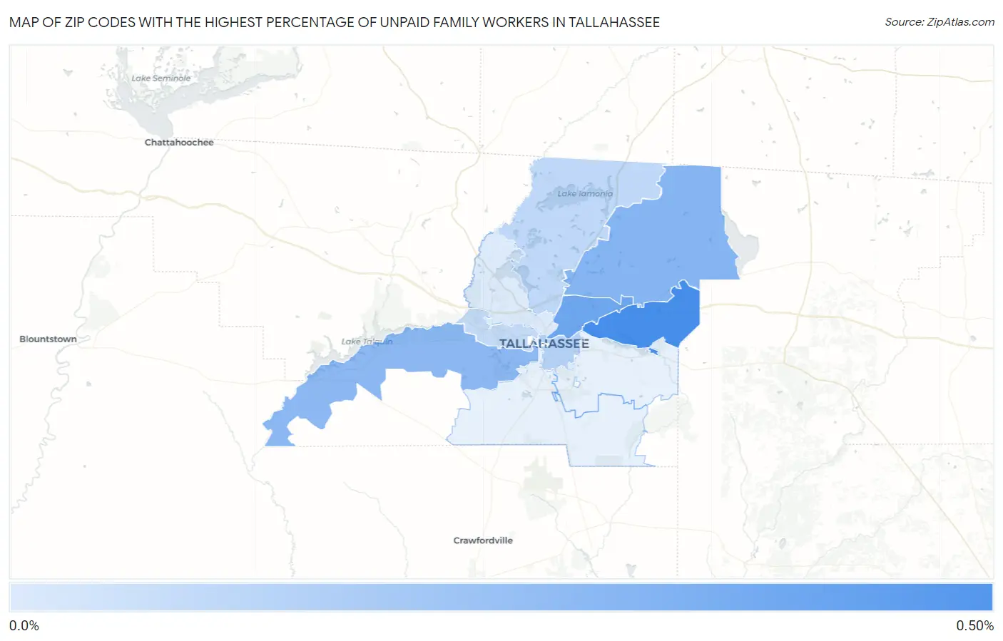 Zip Codes with the Highest Percentage of Unpaid Family Workers in Tallahassee Map