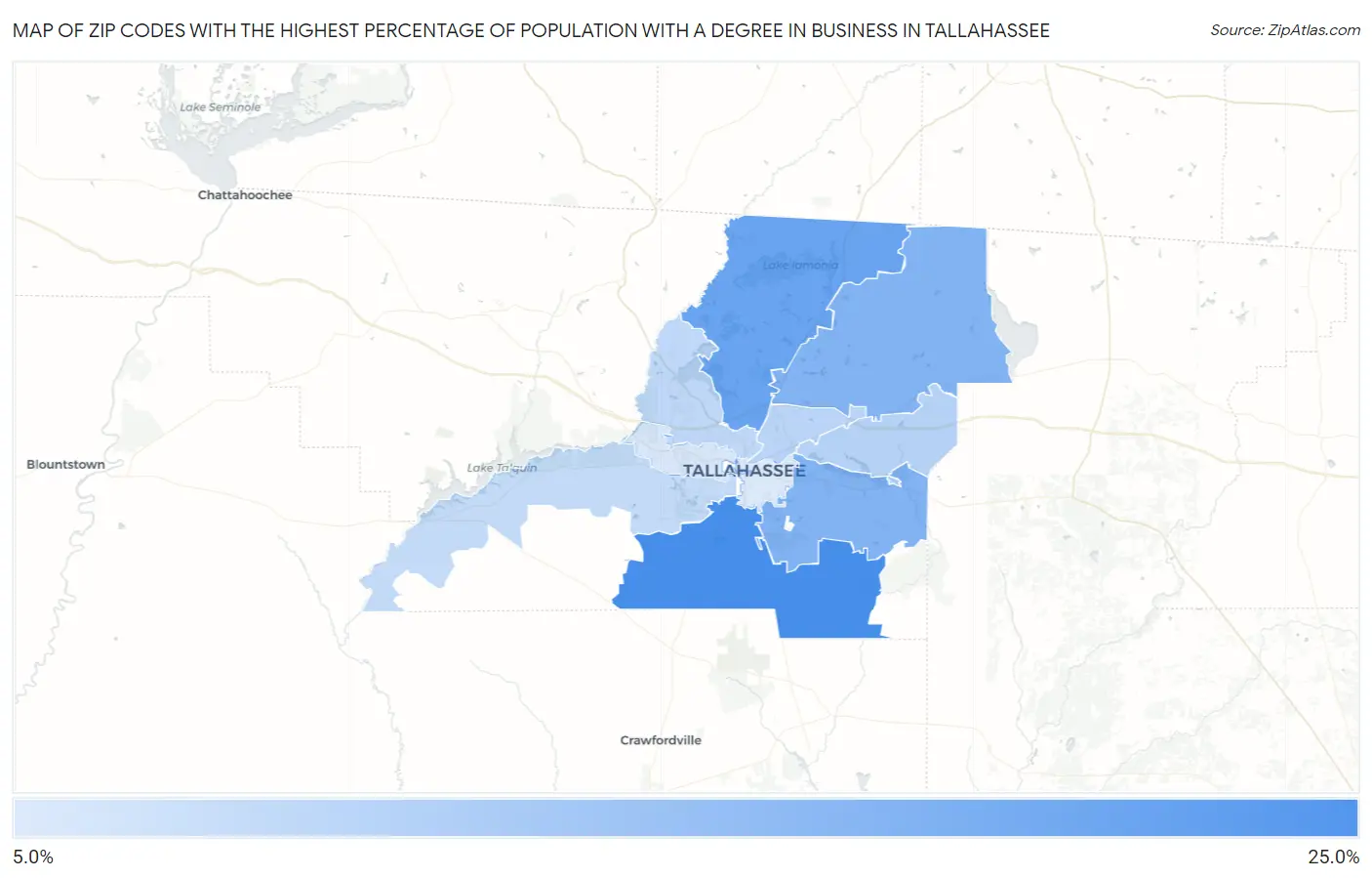 Zip Codes with the Highest Percentage of Population with a Degree in Business in Tallahassee Map