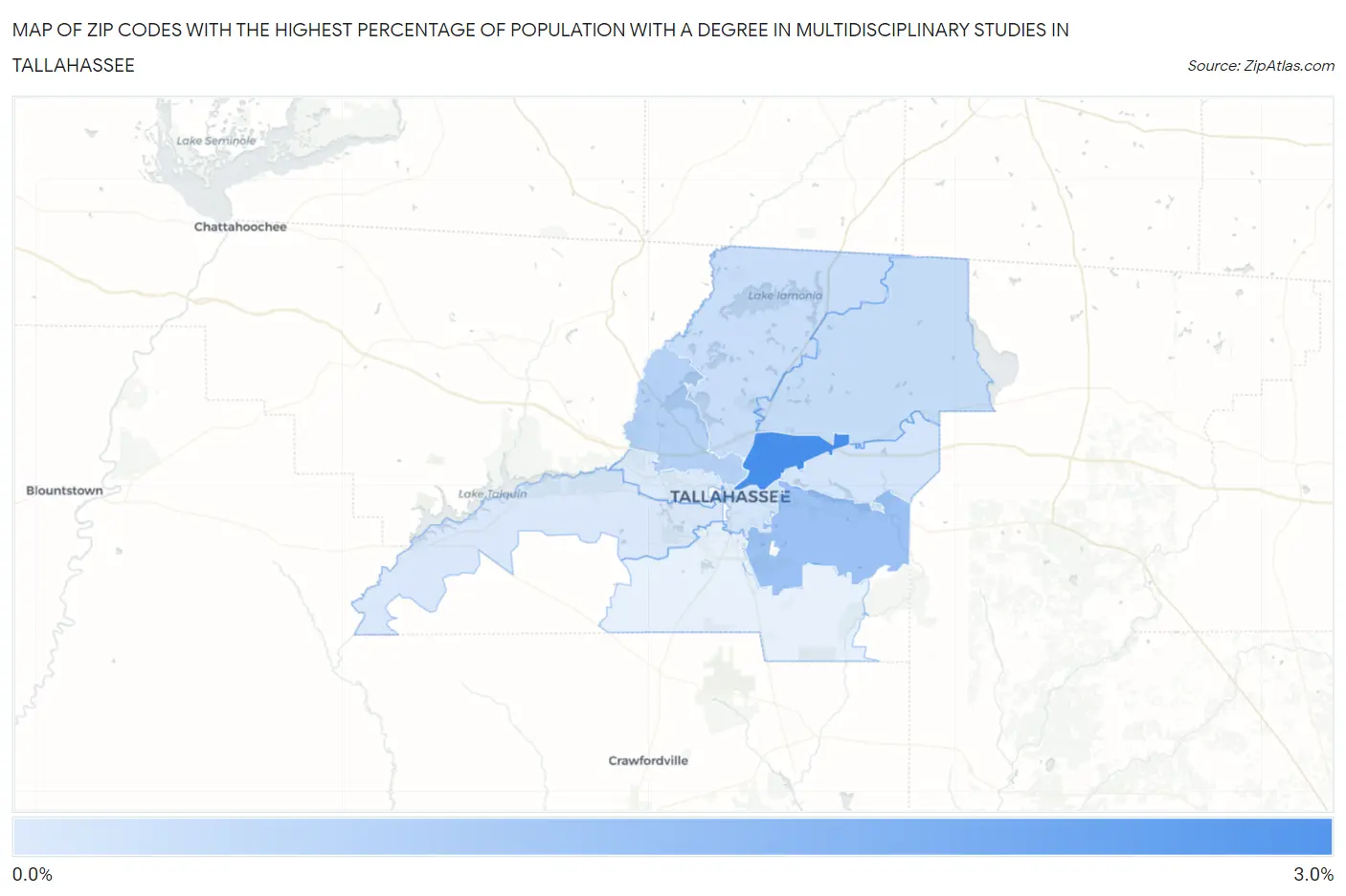 Zip Codes with the Highest Percentage of Population with a Degree in Multidisciplinary Studies in Tallahassee Map