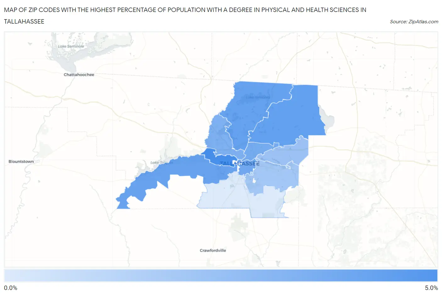 Zip Codes with the Highest Percentage of Population with a Degree in Physical and Health Sciences in Tallahassee Map