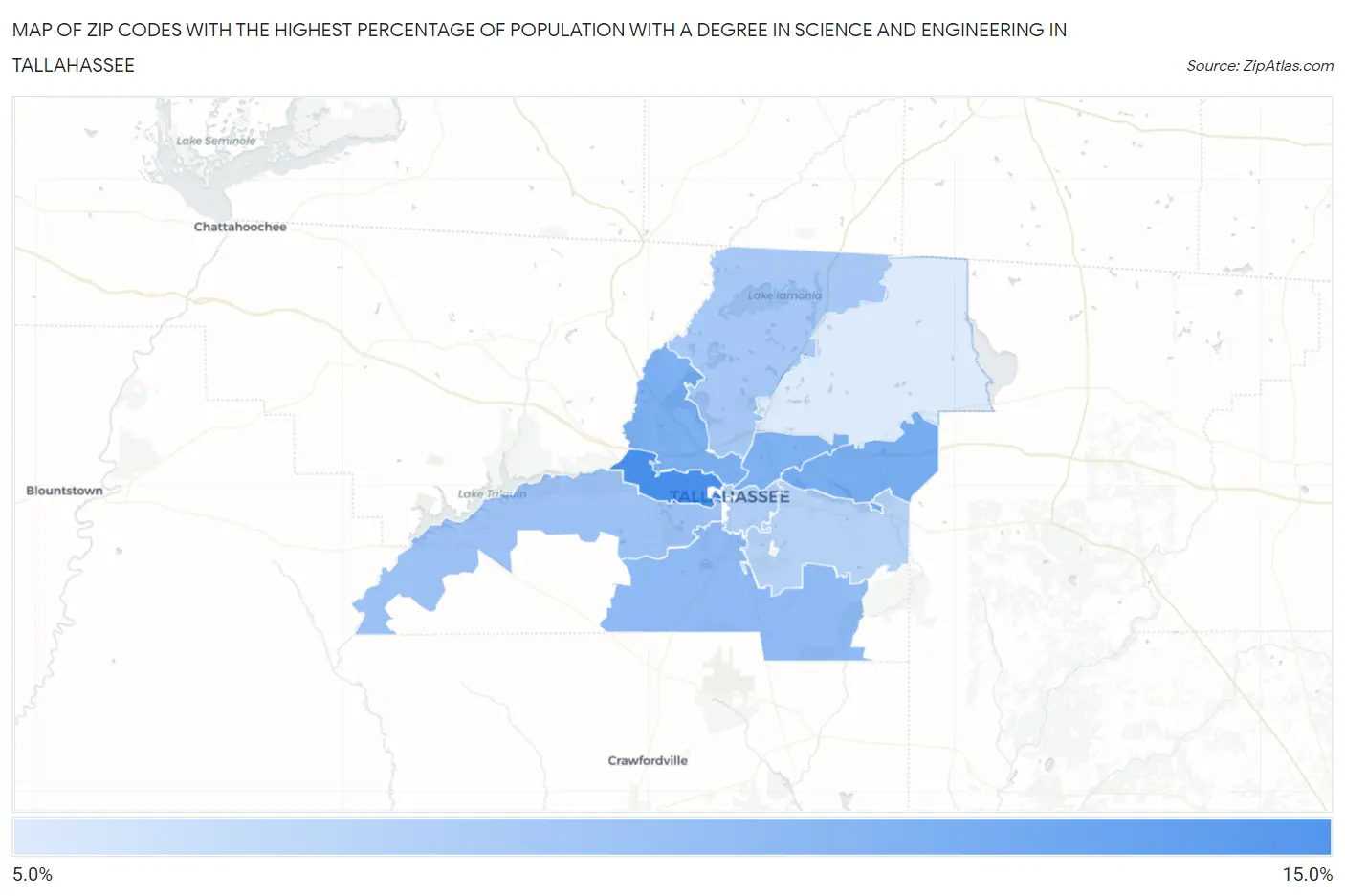 Zip Codes with the Highest Percentage of Population with a Degree in Science and Engineering in Tallahassee Map