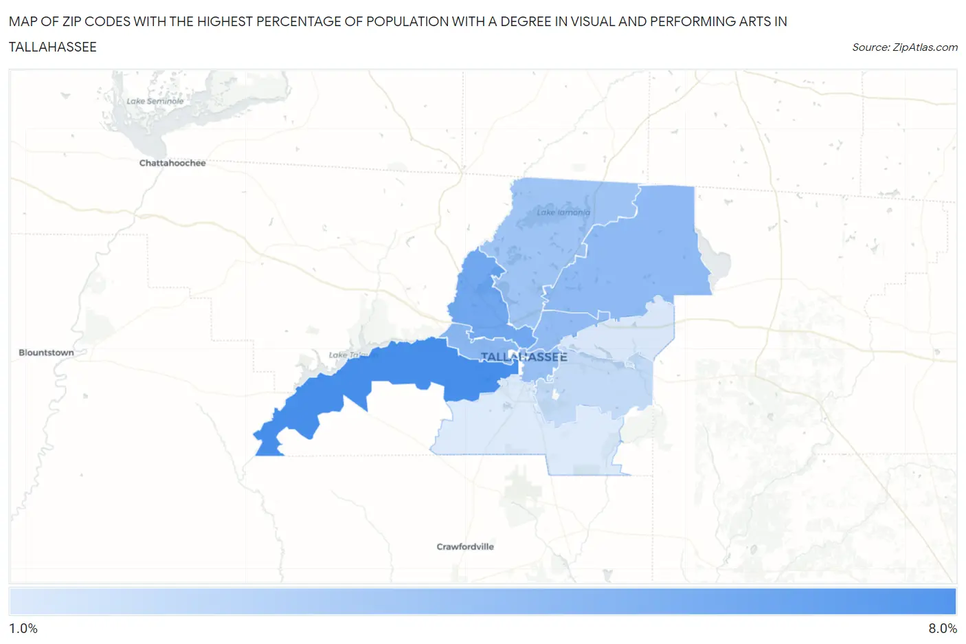 Zip Codes with the Highest Percentage of Population with a Degree in Visual and Performing Arts in Tallahassee Map