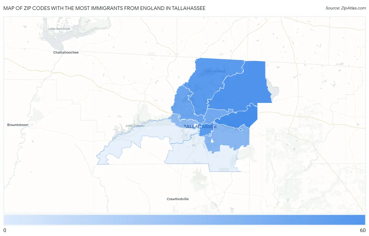 Zip Codes with the Most Immigrants from England in Tallahassee Map
