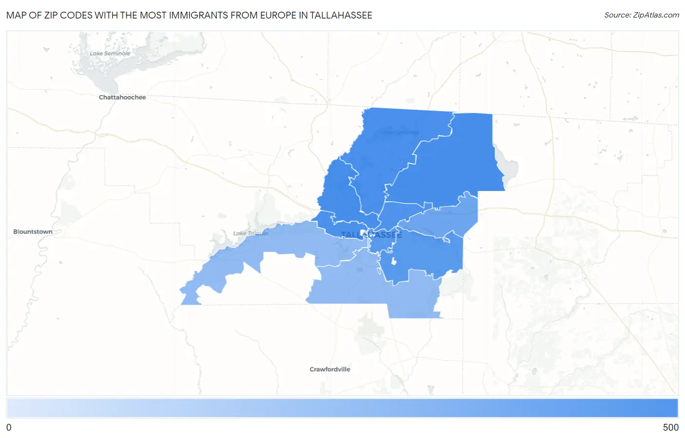 Zip Codes with the Most Immigrants from Europe in Tallahassee Map