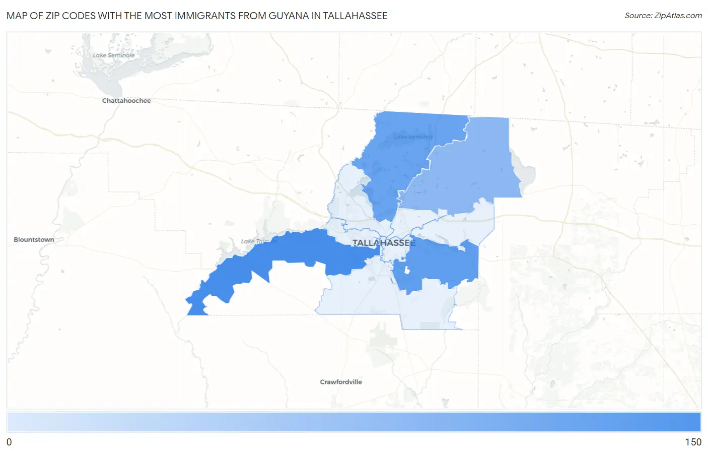 Zip Codes with the Most Immigrants from Guyana in Tallahassee Map