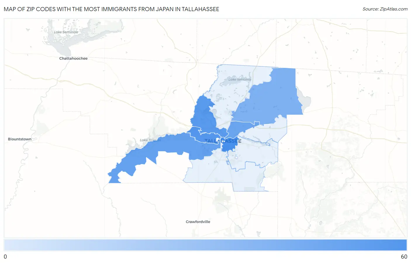 Zip Codes with the Most Immigrants from Japan in Tallahassee Map