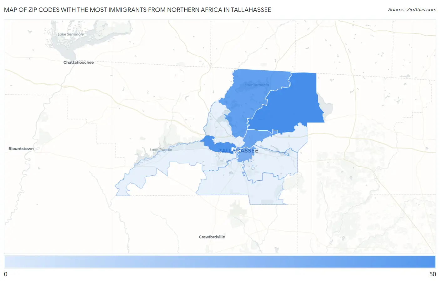 Zip Codes with the Most Immigrants from Northern Africa in Tallahassee Map
