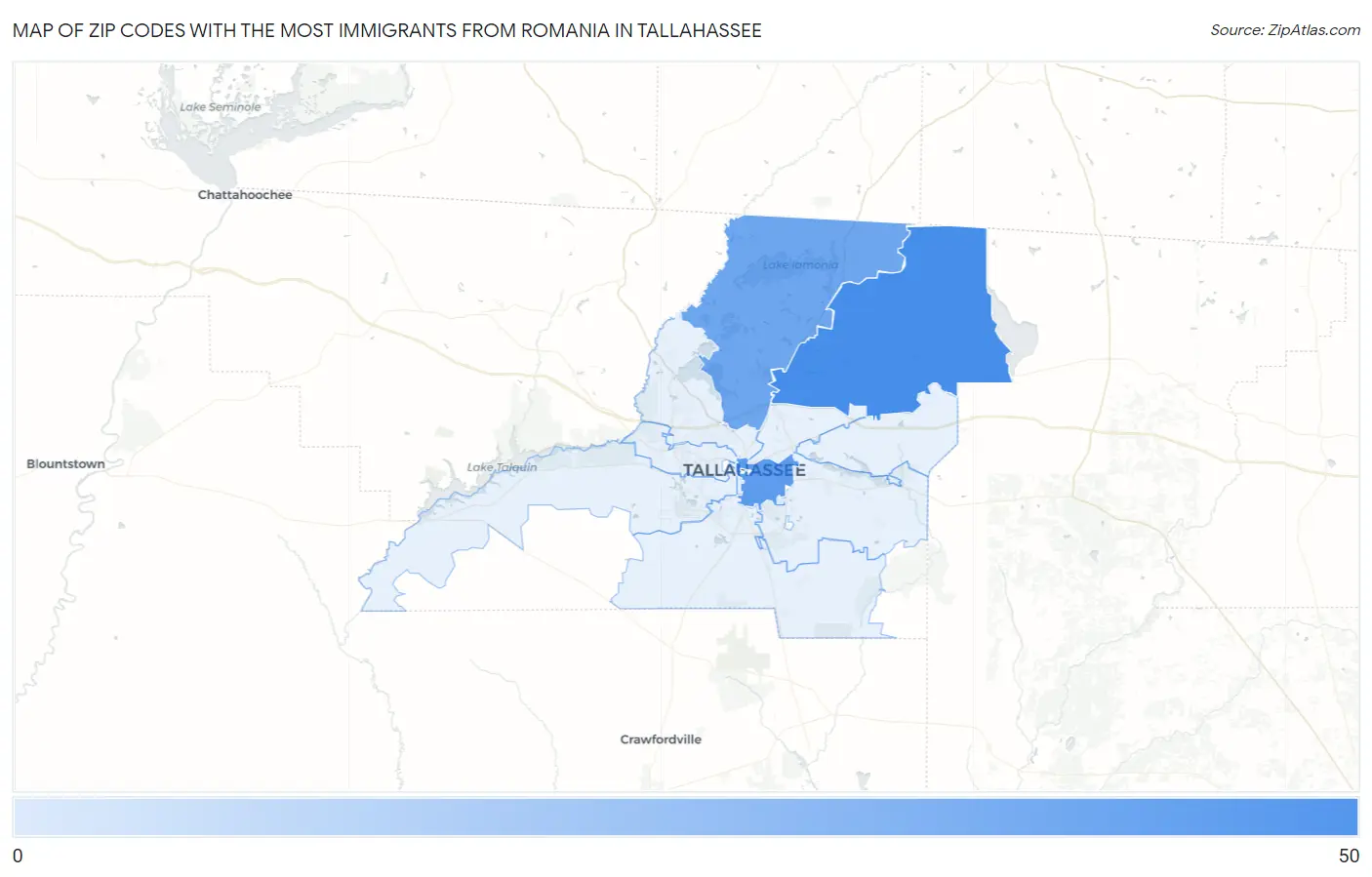Zip Codes with the Most Immigrants from Romania in Tallahassee Map